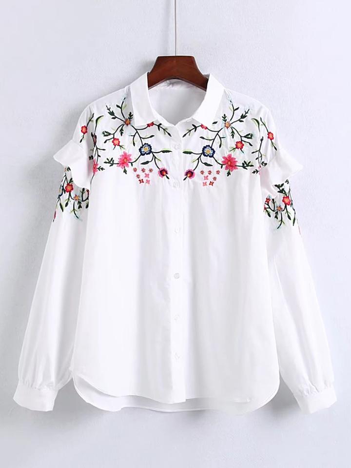 Shein Flower Embroidery Ruffle Detail High Low Blouse