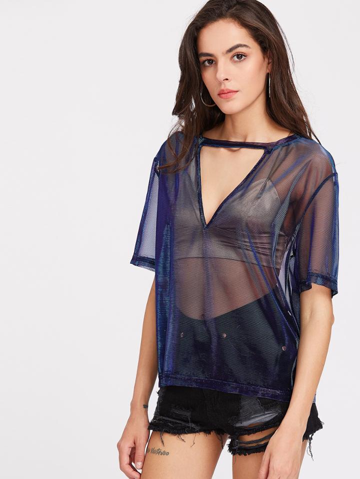 Shein Iridescent V Cutout Plunging Mesh Top