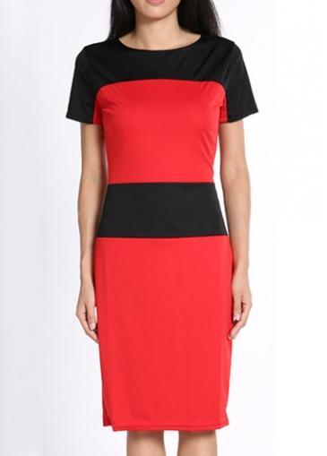 Rosewe Catching Color Block Round Neck Knee Length Dress