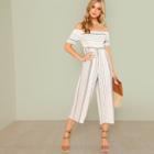 Shein Off Shoulder Shirred Panel Wide Leg Jumpsuit