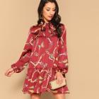 Shein Tie Neck Chain Print Drop Waist Satin Dress