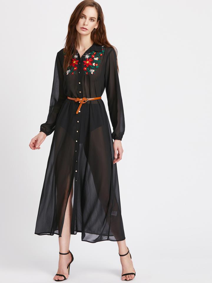 Shein Embroidered Yoke Elasticized Cuff Semi Sheer Shirt Dress