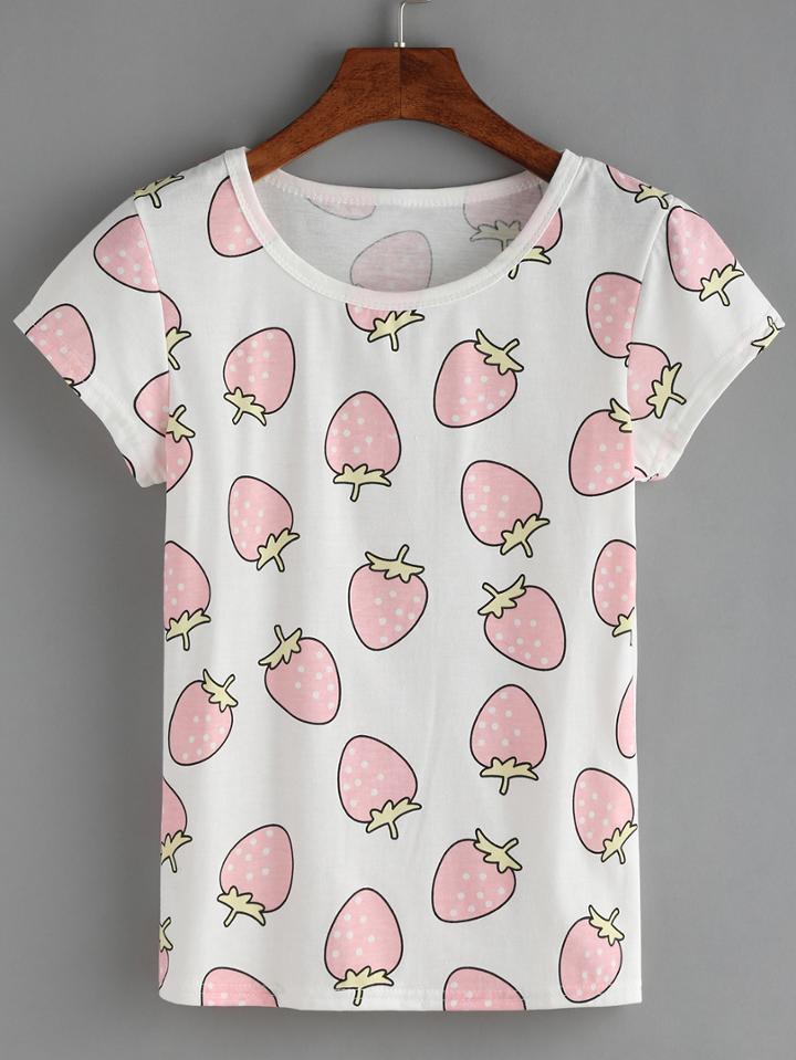 Shein Strawberry Print White T-shirt