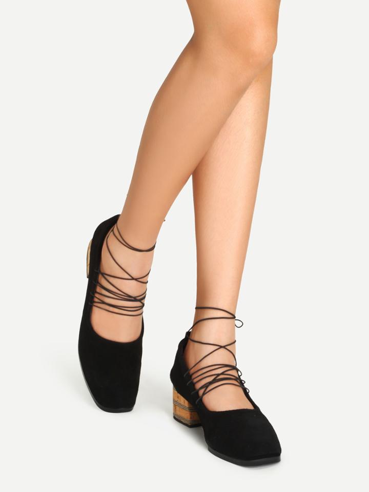 Shein Black Faux Suede Lace Up Cork Heel Shoes