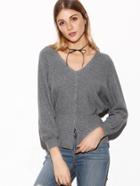 Shein Grey Double V Neck Batwing Sleeve Slit Front Sweater