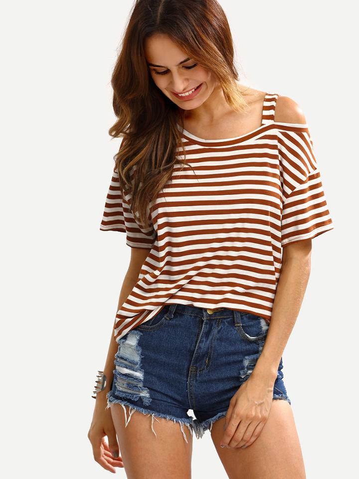 Shein Khaki Striped Short Sleeve T-shirt