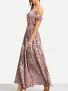 Shein Burgundy Print In White Off The Shoulder Maxi Dress