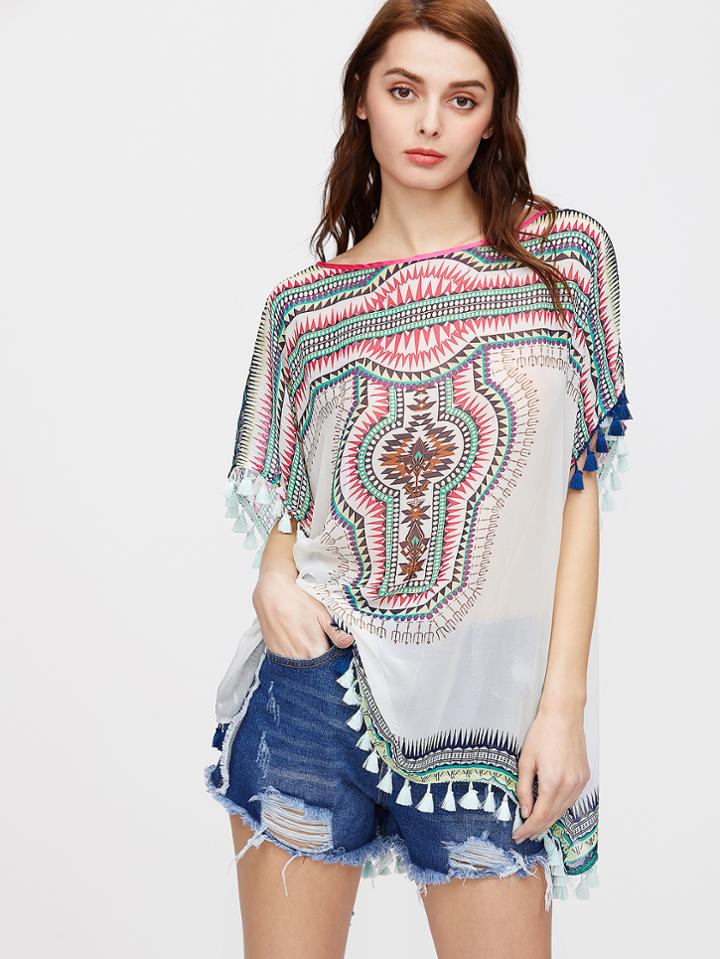 Shein Aztec Print Fringe Trim Top