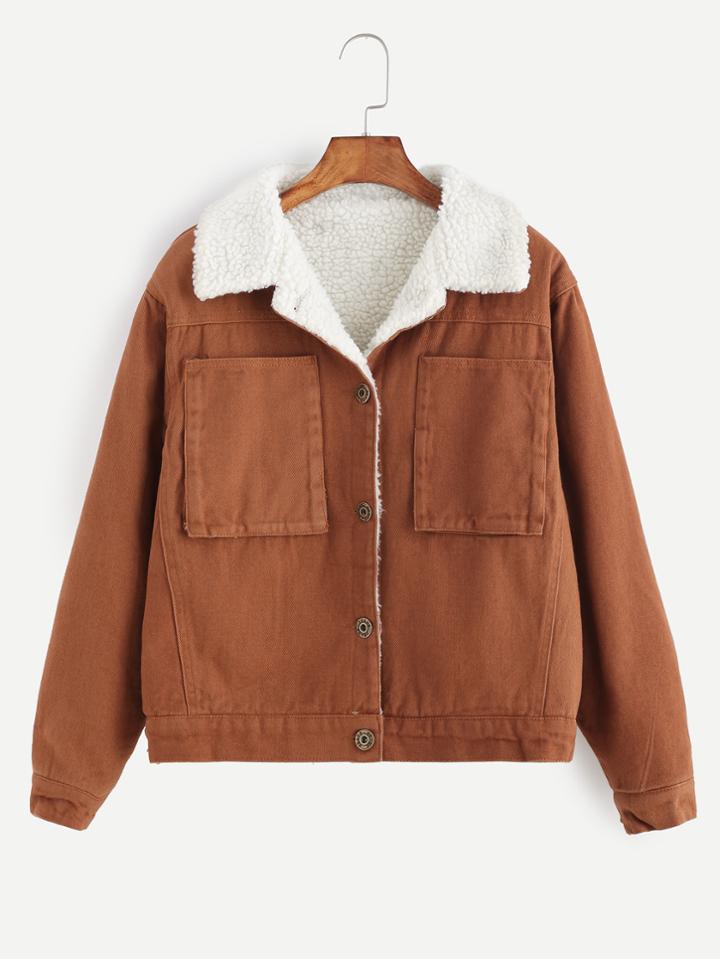 Shein Khaki Single Breasted Sherpa Lined Jacket