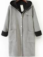 Shein Grey Hooded Pockets Buttons Long Coat