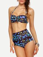 Shein Floral Print High Waist Bikini Set - Blue