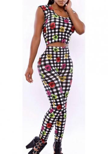 Rosewe Enchanting Round Neck Print Design Two Pieces Jumpsuit