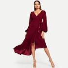 Shein Waist Knot Ruffle Hem Bishop Sleeve Dress