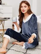 Shein Letter Embroidered Plush Top & Pants Pj Set