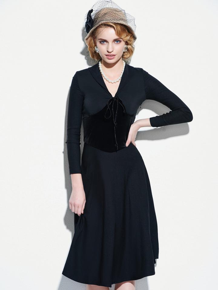 Shein V Neckline Velvet Panel Self Tie Neck Dress