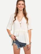 Shein Beige V Neck Half Sleeve Ruffle Blouse