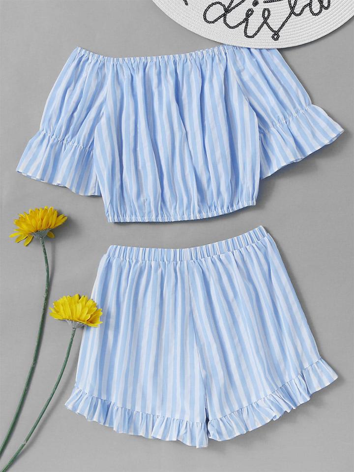 Shein Bardot Contrast Striped Crop Top With Frill Hem Shorts