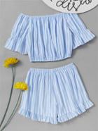 Shein Bardot Contrast Striped Crop Top With Frill Hem Shorts