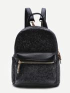 Shein Black Sequin Detail Front Pocket Pu Backpack