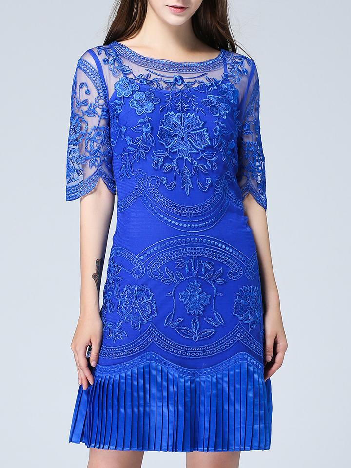 Shein Blue Half Sleeve Contrast Gauze Embroidered Two Pieces Dress