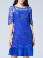 Shein Blue Half Sleeve Contrast Gauze Embroidered Two Pieces Dress