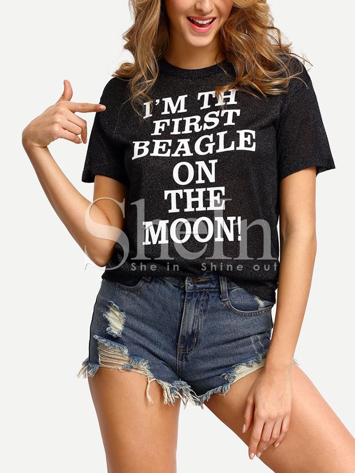 Shein Black Letters Print Knit T-shirt