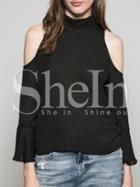 Shein Black Embellished High Neck Cold Shoulder Blouse