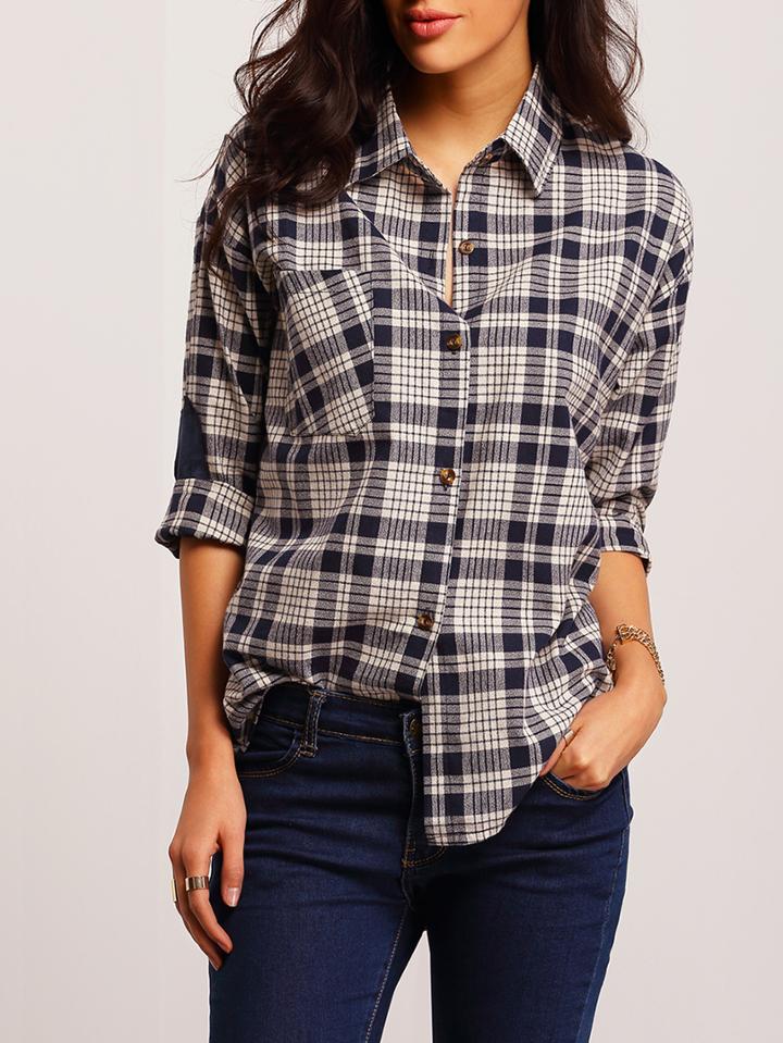 Shein Navy White Lapel Plaid Loose Blouse