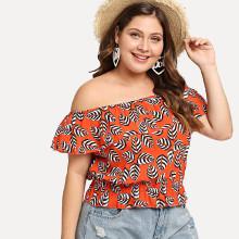 Shein Plus Leaf Print Flounce Foldover Bardot Top