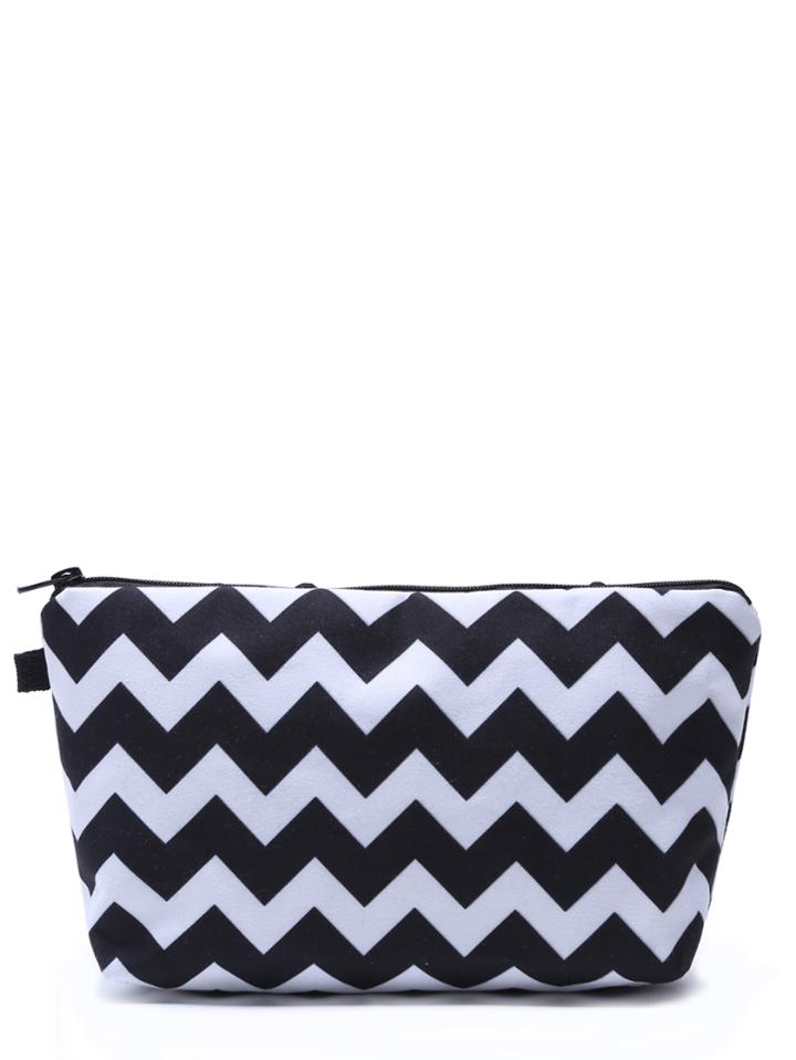 Shein Black And White Geometric Line Print Cosmetic Makeup Bag