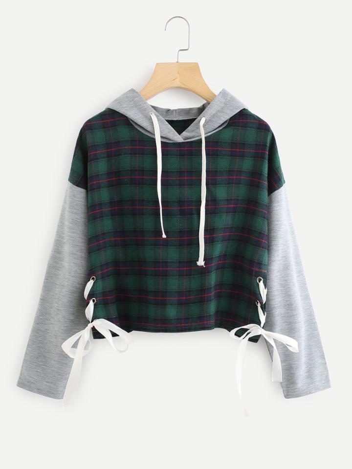Shein Lace Up Side Tartan Plaid Hoodie