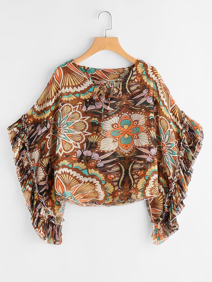 Shein Allover Print Batwing Sleeve Lace Up Top