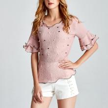 Shein Flounce Sleeve Faux Pearl Beading Top