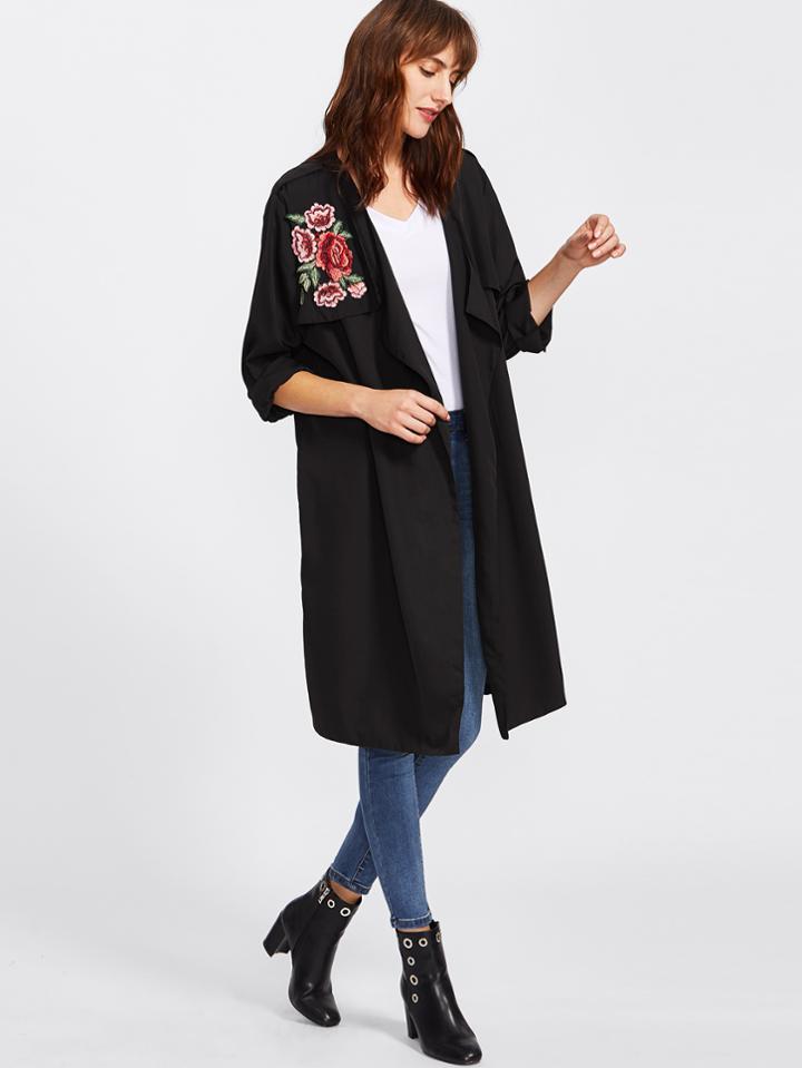 Shein Embroidered Rose Applique Longline Cardigan Coat