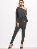 Shein Heather Grey Zip Trim Asymmetric Shoulder Sweat Jumpsuit