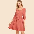 Shein Button Front Belted Fit & Flare Dress