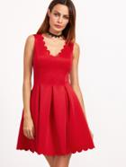 Shein Red Scallop Edge Double V Neck Box Pleated Skater Dress