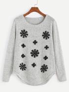 Shein Grey Snowflake Embroidery Curved Hem Sweater