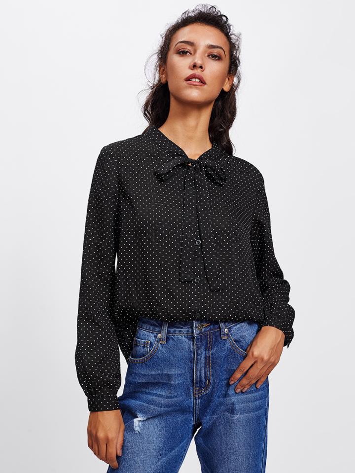 Shein Bow Tied Neck Polka Dot Blouse