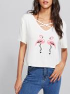 Shein Crisscross Neck Flamingo Print Boxy Tee