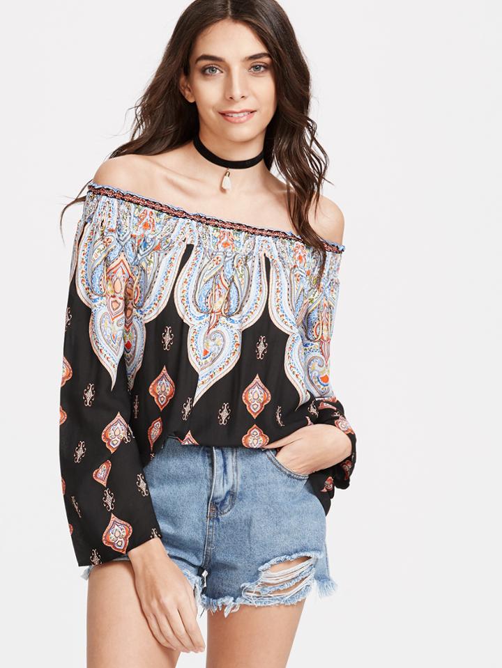 Shein Black Vintage Print Off The Shoulder Top