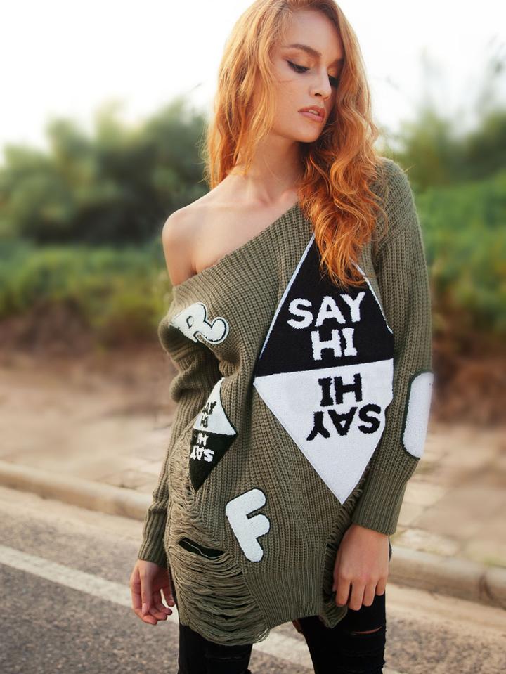 Shein Light Army Green Ripped Applique Long Sleeve Sweater