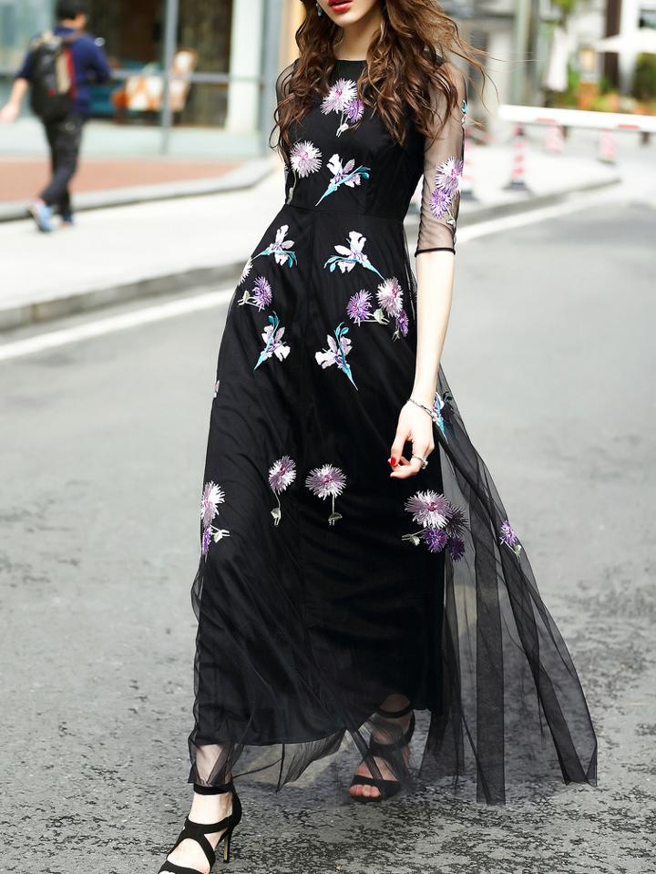 Shein Gauze Embroidered Sheer Maxi Dress