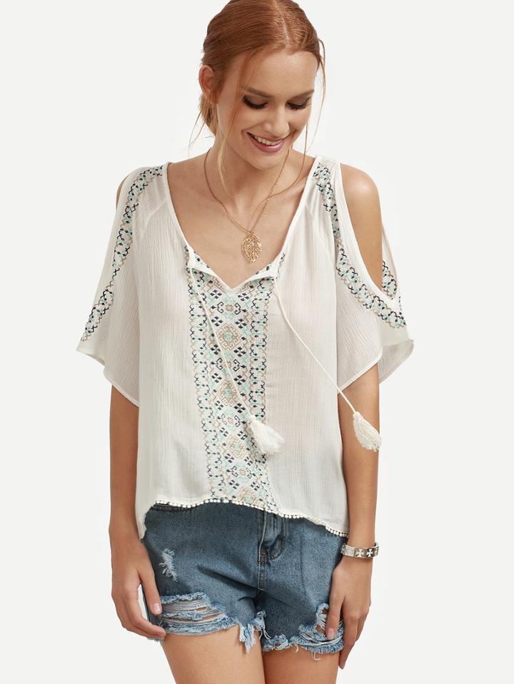 Shein White Tassel Tie Neck Open Shoulder Embroidered Blouse