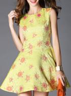 Shein Yellow Round Neck Sleeveless Jacquard A-line Dress