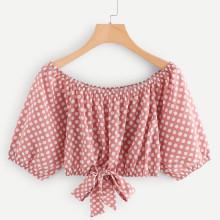 Shein Off Shoulder Knot Front Polka Dot Blouse