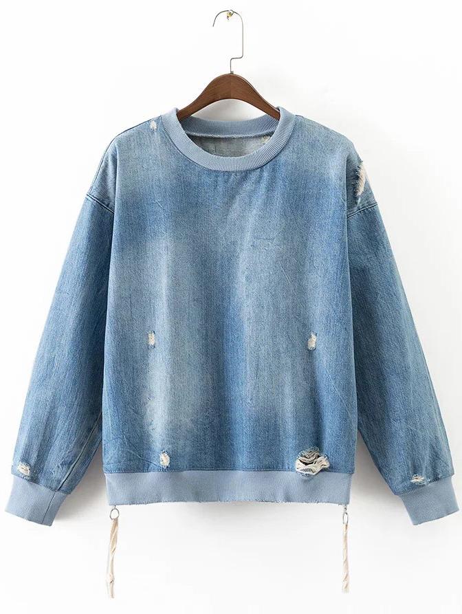 Shein Blue Ripped Side Zipper Denim Sweatshirt