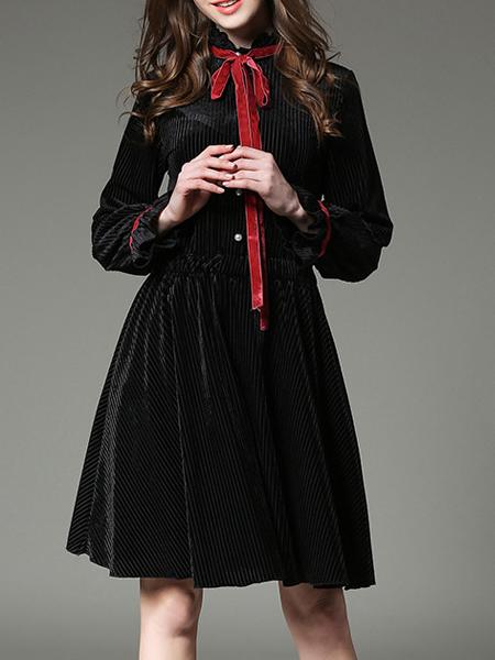 Shein Black Bowtie Elastic-waist Pleated Velvet Dress