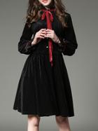 Shein Black Bowtie Elastic-waist Pleated Velvet Dress
