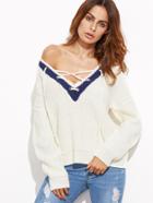 Shein White Ribbed Knit Contrast Lace Up V Neck Sweater